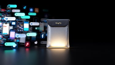 A conceptual image showing how the King Fly "Sanctuary" pouch blocks out digital noise.