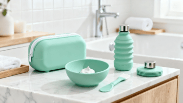 The "PureForm" GWP ecosystem in mint green **silicone**, including a pouch, bowl, and bottle