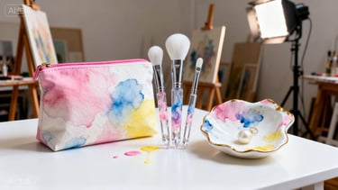Aquarelle-themed cosmetic bag, brushes, and trinket dish in a studio.