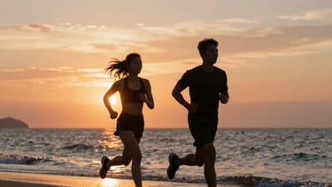 Two people walk into the sunset.