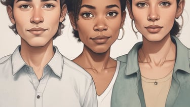 three people standing in front of a white wall