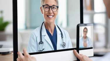 A vintage typewriter with green housing holds a sheet of paper with the word 'TELEHEALTH' typed on it. The scene is set on a wooden surface.