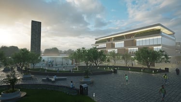 an architectural rendering of a new commercial building and plaza near a transportation hub