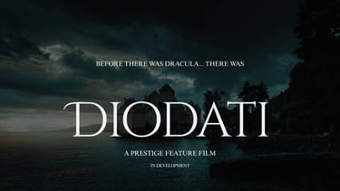 A dark cloudy sky hangs over an old house that stands on the shore of a large lake