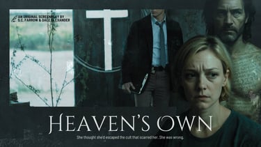 Three people set against the interior of a dilapidated church