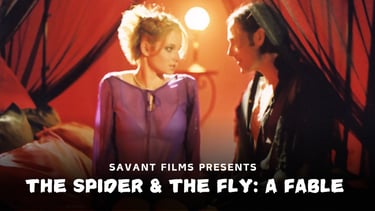 A beautiful young woman sits on a bed beside a sinister looking man wearing black