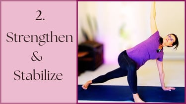 A woman practicing a yoga side plank pose to strengthen and stabilize her core on a blue mat.
