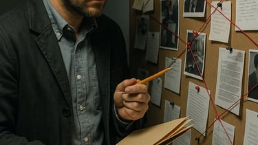 Focused male detective with glasses examining a corkboard investigation wall with photos and red string.