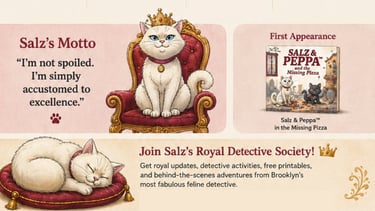 white cat, pizza-loving detective cat of Brooklyn NY, part of Salz & Peppa Detective Agency