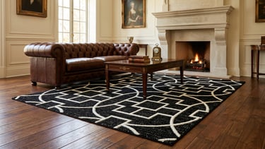 geometric interlocking circle pattern hand-tufted rug in black and cream from Indian manufacturer