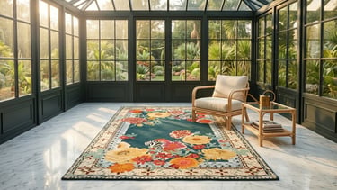 Traditional floral border hand-tufted rug with teal background and orange botanical motifs India