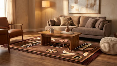 Shreempex tribal geometric and floral hand-tufted rug in chocolate brown from Indian exporter