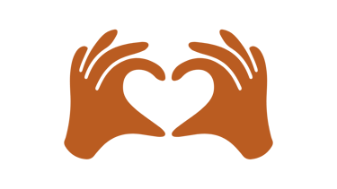 Orange silhouette of two hands forming a heart shape symbol on a solid black background.