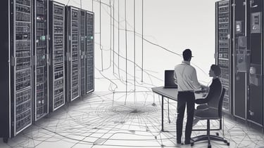 A team of professionals analyzing network security systems in a modern office.