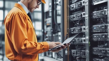 A close-up view of a laptop screen displaying a project management tool with columns labeled 'Open', 'In Progress', and 'Review'. Tasks are listed under each column. The environment appears dimly lit, with a small, leafy plant visible in the background.