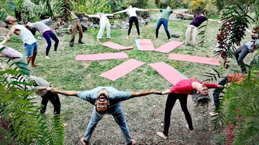 A group of diverse people practicing outdoor yoga in a circle on green grass.