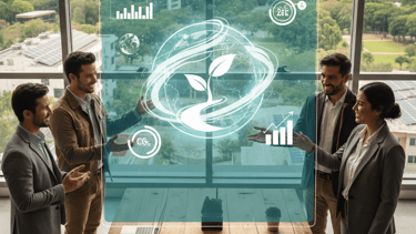 Equipo de consultoría analizando estrategias de sostenibilidad corporativa y gestión ambiental (ESG)