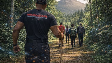 A group of hikers follow a Neuroshape fitness trainer on a mountain forest trail during a mental transformation retreat.