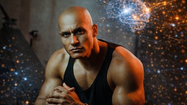 Muscular man with digital brain neural network overlay representing peak mental performance and biohacking.