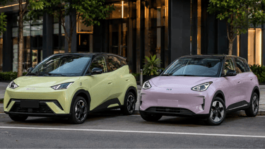 BYD Dolphin Mini e Geely EX2 estacionados lado a lado em ambiente urbano