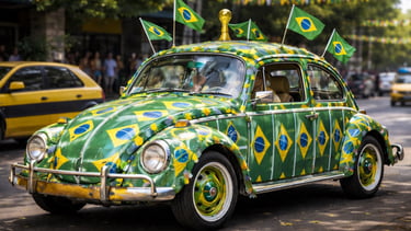 Fusca decorado com bandeiras do Brasil durante a Copa do Mundo em rua com clima festivo