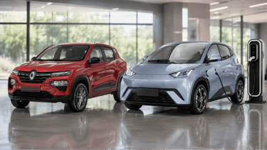 BYD Dolphin Mini elétrico e Renault Kwid com GNV em showroom moderno lado a lado