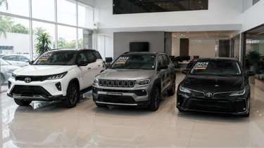 Toyota SW4, Jeep Compass e Corolla Altis seminovos parados no pátio de uma loja de carros usados.