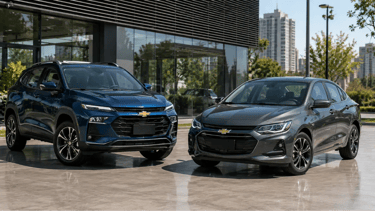 Chevrolet Tracker e Onix Plus em showroom externo urbano moderno