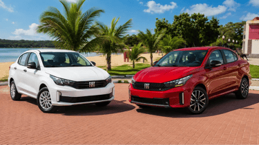 Fiat Cronos Drive branco e Precision vermelho lado a lado em comparativo de versões