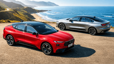 Ford Mondeo Sport vermelho e prata com vista para o litoral em estrada costeira