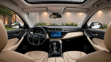 Interior do Ford Territory Titanium 2021 SUV médio com teto panorâmico mostrando painel digital