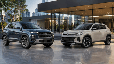 Hyundai Creta e Volkswagen Tera em showroom urbano externo