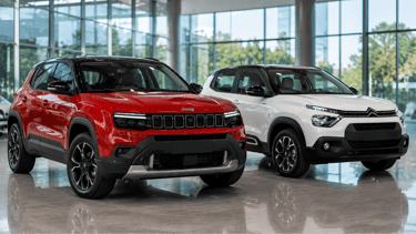 Jeep Avenger vermelho e Citroën C3 branco lado a lado em showroom moderno