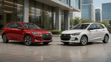 Chevrolet Onix Premier e Onix básico frente a frente em showroom urbano moderno