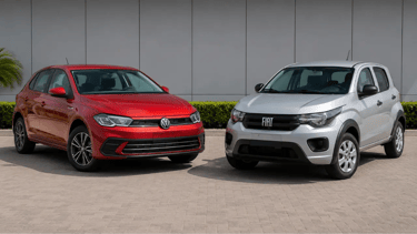 Volkswagen Polo Track e Fiat Mobi em showroom externo moderno sem placas dianteiras