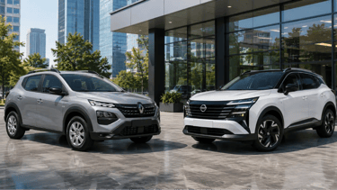 Renault Kardian Authentic prata e Nissan Kicks branco em showroom urbano