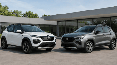 Renault Kardian e Fiat Pulse frente a frente em showroom externo moderno e neutro