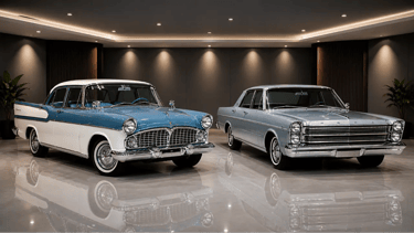 Simca Chambord e Ford Galaxie em showroom com piso brilhante, carros clássicos lado a lado