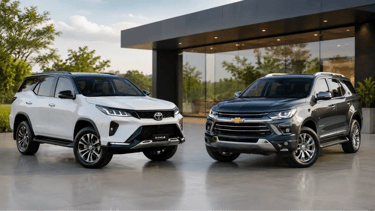 Toyota SW4 e Chevrolet Trailblazer frente a frente em showroom externo moderno