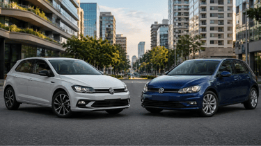 Volkswagen Polo Highline 2024 e Golf Comfortline 2019 frente a frente em cenário urbano