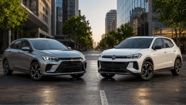Chevrolet Onix Eco e Volkswagen Tera frente a frente em ambiente urbano