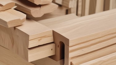 A partially assembled wooden furniture piece rests on a workshop table, surrounded by wood shavings. The background is a blurred view of a workshop, with shelves and tools visible.