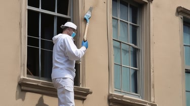 People are working on the interior renovation of a room that appears to be under construction. A worker on a scaffold is painting the ceiling, while others are seated or discussing the progress. The room has smooth, gray walls with arched recesses and a modern design vibe. There are tools and materials scattered around, including a ladder, paint cans, and some rocks or construction debris on the floor. Overhead, stylish pendant lights provide illumination as natural light streams in from windows.