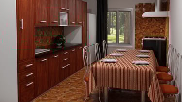 a kitchen with a table and chairs and a table