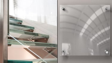 side by side image of a glass stairs and a acrylic wallframe