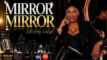 Mirror Mirror with Kimberly Washington featuring a city skyline and gold microphone.