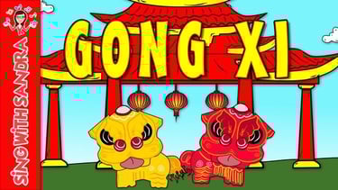 a cartoon of Chinese dragons in front of a pagoda