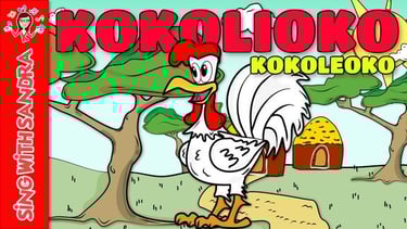 a cartoon chicken with a village in the background