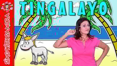 a woman in a pink shirt with a palms and donkey in the background