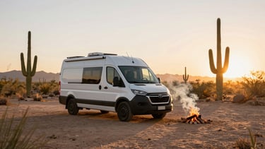 A modern camper van parked at a scenic desert campsite in Saguaro National Park at golden hour, campfire smoke drifting gently, warm sunset lighting, editorial style.